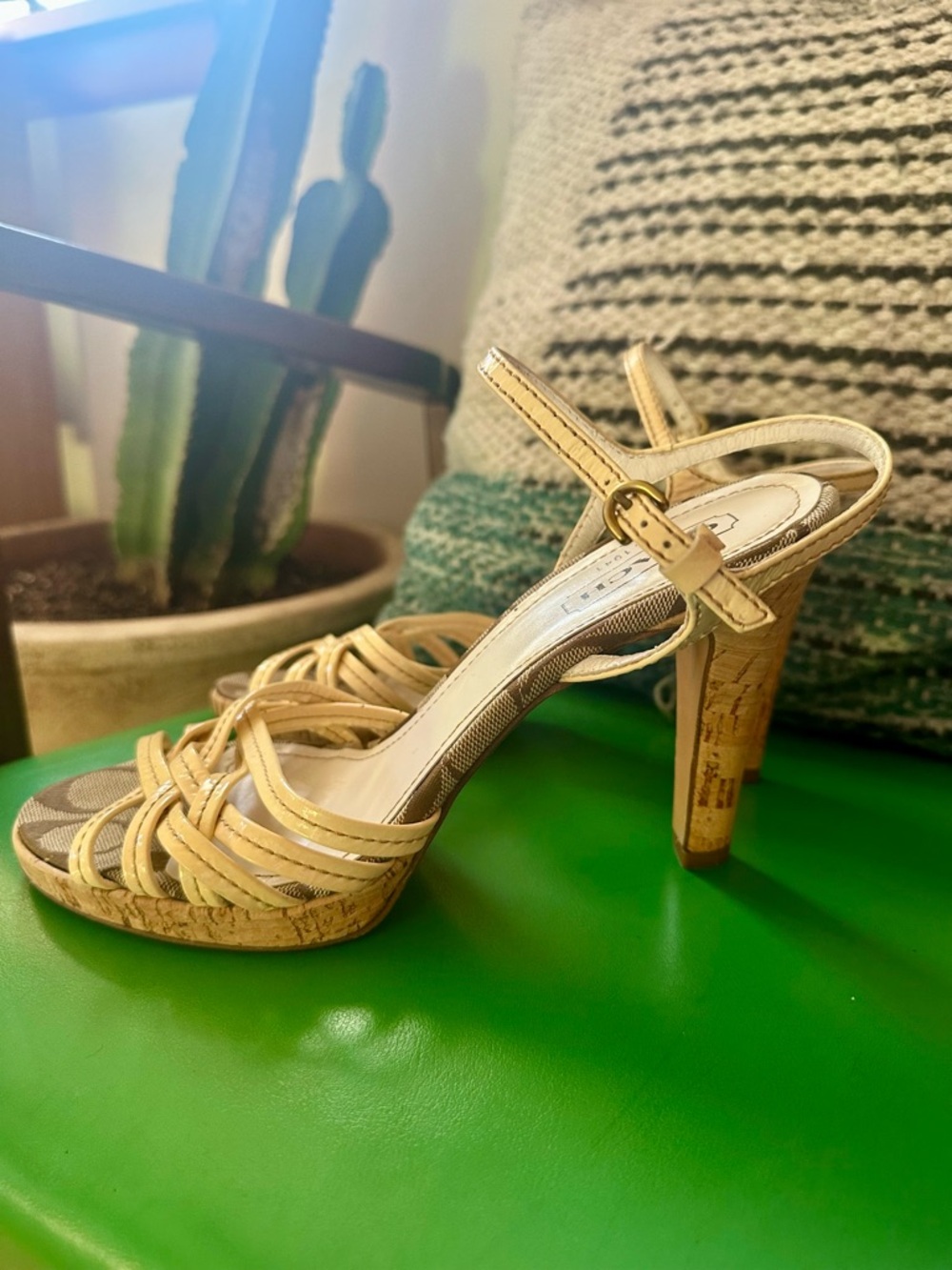 COACH Beige Strappy Logo Sandal Heels